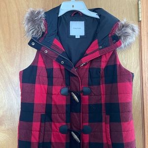 Buffalo plaid vest with fur trim hood